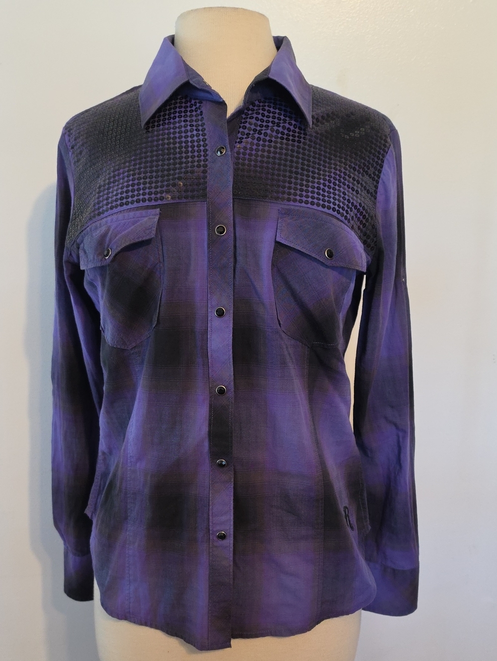 Rock & Roll Cowgirl Purple Plaid Sequin Yoke Shirt Large Festival Western Edgy